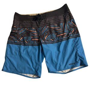 Patagonia Mens 36 Board Shorts Blue Black Tropical Print Polyester Swimwear